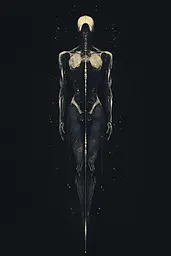 Midjourney generated image using SREF code Obsidiana Arcana: A black and white illustration of a woman with a skeleton on her back.