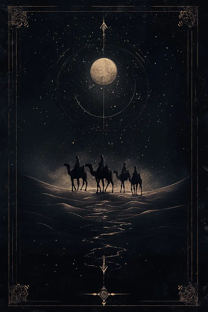 Midjourney generated image using SREF code Obsidiana Arcana: A group of people riding camels in the desert under a full moon.