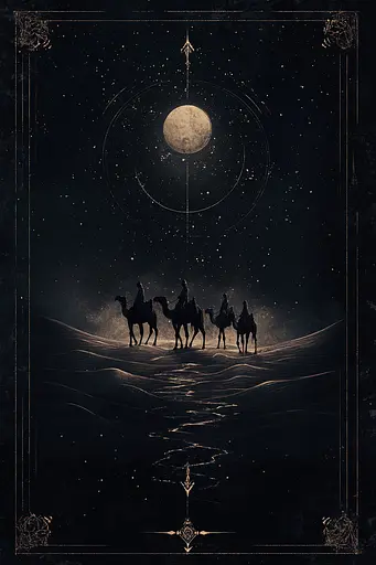 Midjourney generated image using SREF code Obsidiana Arcana: A group of people riding camels in the desert under a full moon.