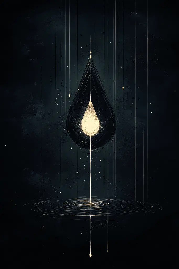 Midjourney generated image using SREF code Obsidiana Arcana: A black and gold illustration of a drop of water.