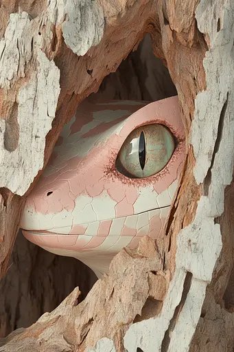 Midjourney generated image using SREF code Liminal Bloom: A close up of a gecko peeking out of a hole in a tree.