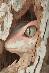 Midjourney generated image using SREF code Liminal Bloom: A close up of a gecko peeking out of a hole in a tree.