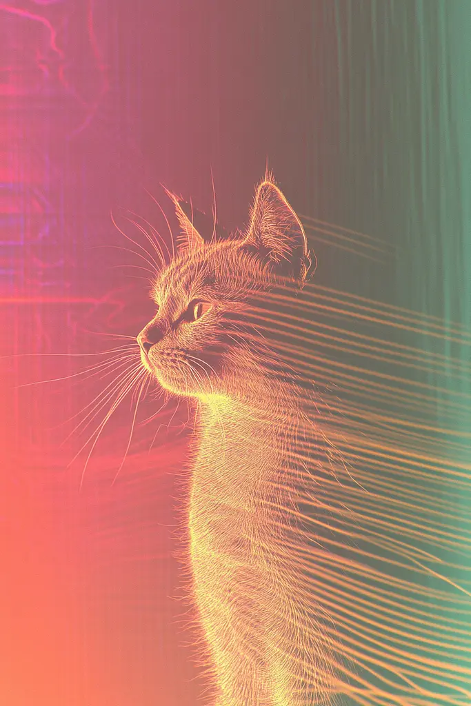 Midjourney generated image using SREF code Chromatic Lineage: A cat sitting in front of a colorful background.