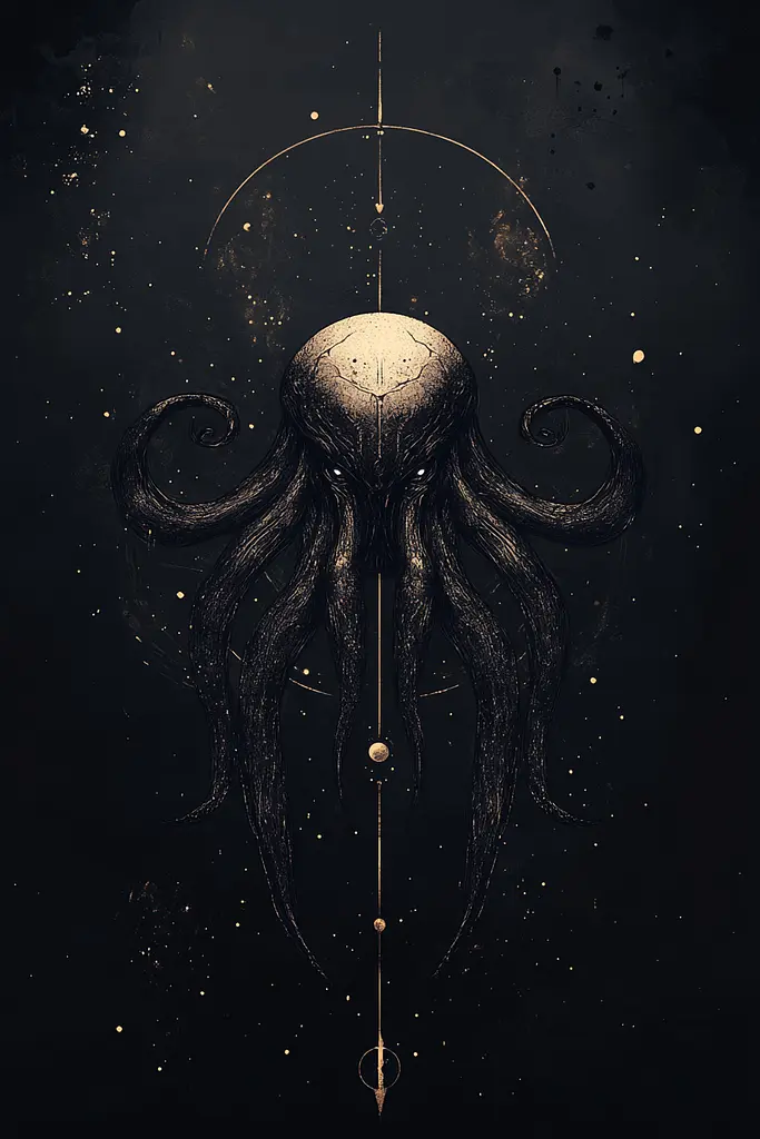 Midjourney generated image using SREF code Obsidiana Arcana: A black and gold illustration of an octopus with tentacles.