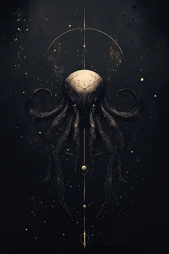 Midjourney generated image using SREF code Obsidiana Arcana: A black and gold illustration of an octopus with tentacles.