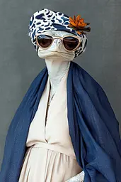 Midjourney generated image using SREF code Vogue Fusion: A woman dressed as an ostrich wearing sunglasses and a hat.