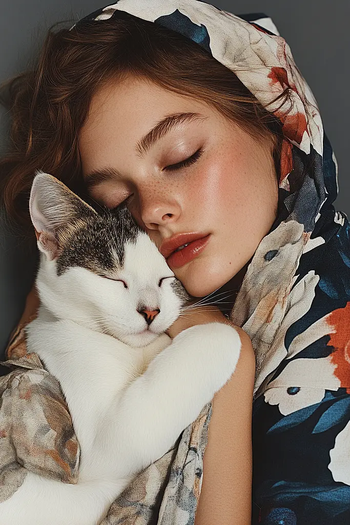 Midjourney generated image using SREF code Vogue Fusion: A woman is sleeping with a cat wrapped in a scarf.