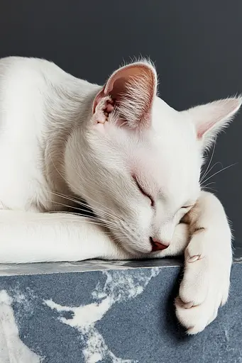 Midjourney generated image using SREF code Vogue Fusion: A white cat sleeping on top of a table.