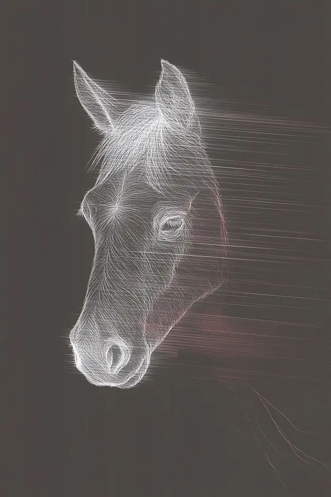 Midjourney generated image using SREF code Chromatic Lineage: A drawing of a horse's head on a black background.