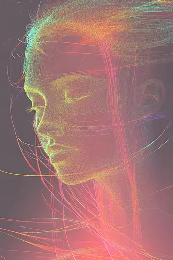 Midjourney generated image using SREF code Chromatic Lineage: A woman's face with her eyes closed and her hair blowing in the wind.