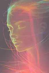 Midjourney generated image using SREF code Chromatic Lineage: A woman's face with her eyes closed and her hair blowing in the wind.