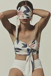 Midjourney generated image using SREF code Vogue Fusion: A woman wearing a white bikini top with a floral print tied around her head.