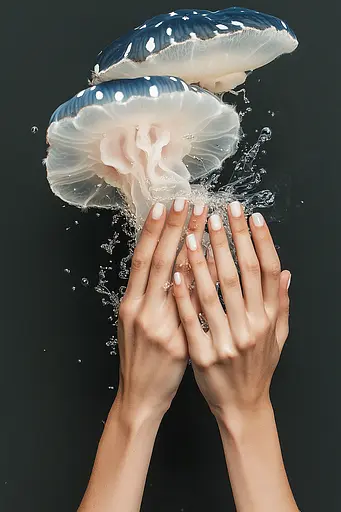 Midjourney generated image using SREF code Vogue Fusion: A woman's hands holding a jellyfish in the water.