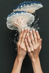 Midjourney generated image using SREF code Vogue Fusion: A woman's hands holding a jellyfish in the water.