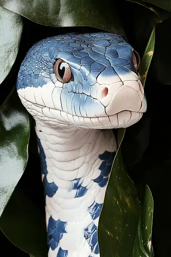 Midjourney generated image using SREF code Vogue Fusion: A close up of a blue and white snake on a leaf.