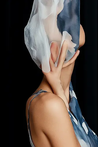 Midjourney generated image using SREF code Vogue Fusion: A woman in a blue and white dress holding a white scarf over her head.