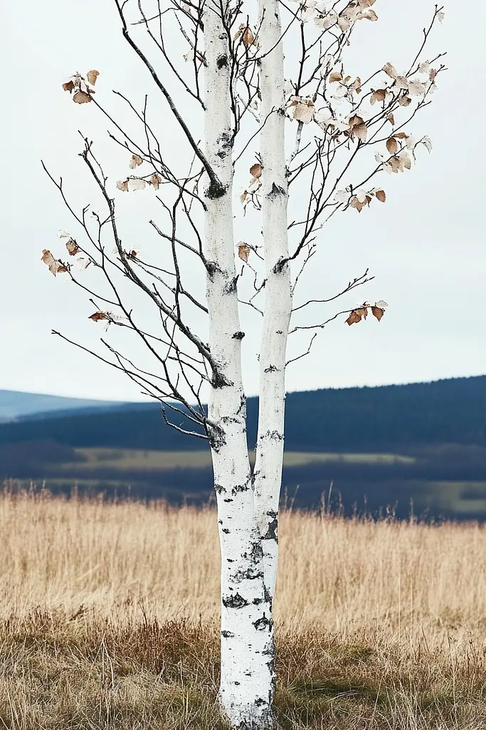 Midjourney generated image using SREF code Vogue Fusion: A lone white birch tree in the middle of a grassy field.