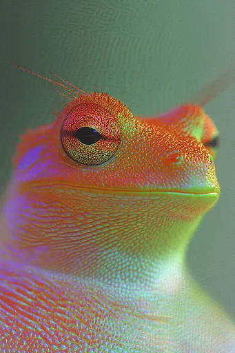 Midjourney generated image using SREF code Chromatic Lineage: A close up of a gecko's face with a green background.