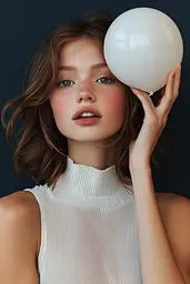 Midjourney generated image using SREF code Vogue Fusion: A woman holding a white balloon in front of her face.