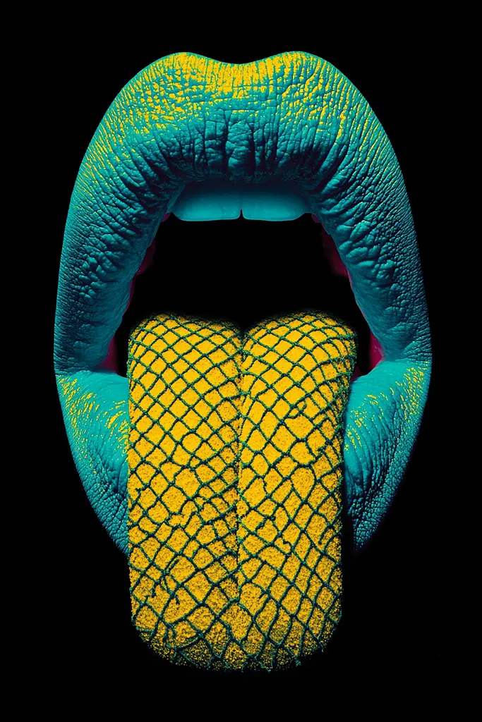 Midjourney generated image using SREF code Electric Fever Dreams: A close up of a woman's mouth with a snake skin pattern on it.