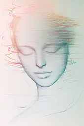 Midjourney generated image using SREF code Chromatic Lineage: A drawing of a woman's face with her eyes closed.