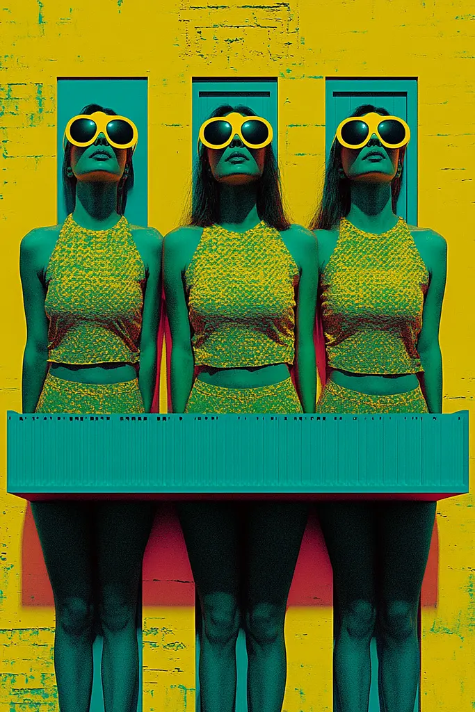 Midjourney generated image using SREF code Electric Fever Dreams: A group of three women wearing yellow sunglasses standing next to each other.