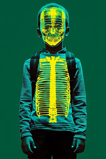 Midjourney generated image using SREF code Electric Fever Dreams: A young boy wearing a yellow skeleton mask.