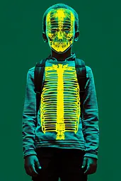 Midjourney generated image using SREF code Electric Fever Dreams: A young boy wearing a yellow skeleton mask.