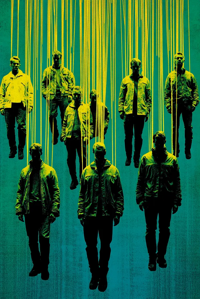 Midjourney generated image using SREF code Electric Fever Dreams: A group of men standing in front of a green background.