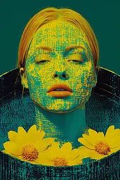 Midjourney generated image using SREF code Electric Fever Dreams: A woman with yellow flowers in her face.