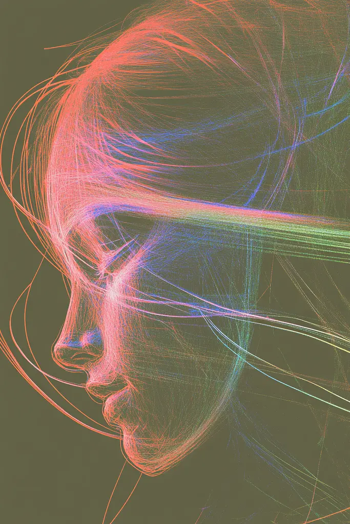 Midjourney generated image using SREF code Chromatic Lineage: A woman's face is shown with colorful lines coming out of her eyes.