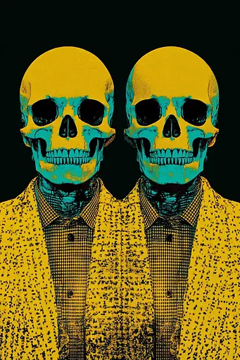 Midjourney generated image using SREF code Electric Fever Dreams: A couple of skulls wearing yellow jackets and ties.