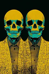 Midjourney generated image using SREF code Electric Fever Dreams: A couple of skulls wearing yellow jackets and ties.