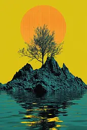 Midjourney generated image using SREF code Electric Fever Dreams: A lone tree sitting on top of a rock in the water.