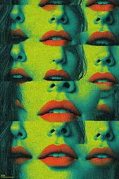 Midjourney generated image using SREF code Electric Fever Dreams: a close up of a woman's face with many different colored lips