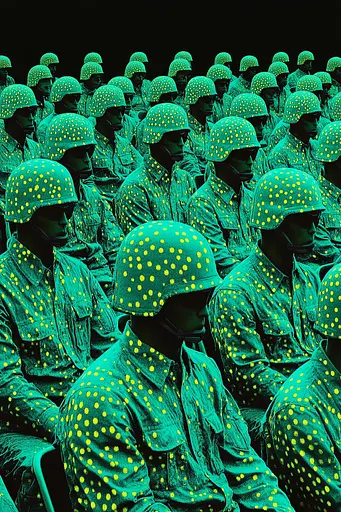 Midjourney generated image using SREF code Electric Fever Dreams: A large group of soldiers wearing green and yellow helmets.