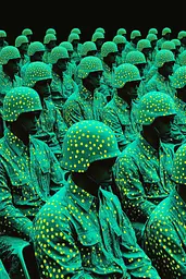 Midjourney generated image using SREF code Electric Fever Dreams: A large group of soldiers wearing green and yellow helmets.