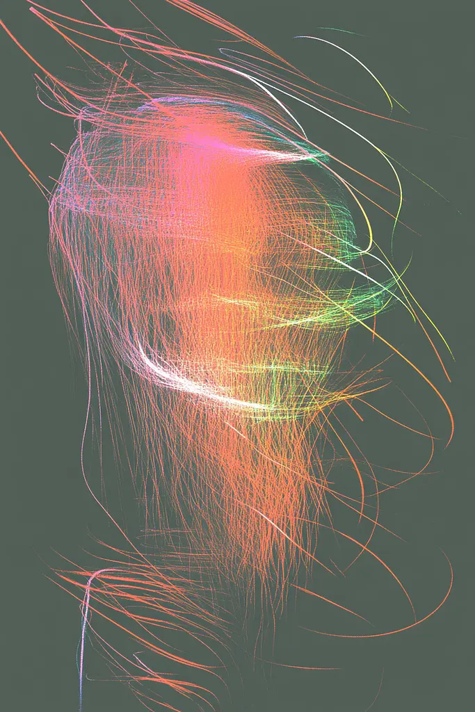 Midjourney generated image using SREF code Chromatic Lineage: An abstract image of a woman's face with long hair.