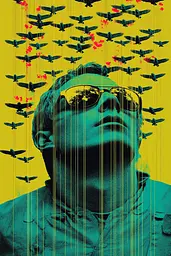 Midjourney generated image using SREF code Electric Fever Dreams: A man wearing sunglasses standing in front of a flock of birds.