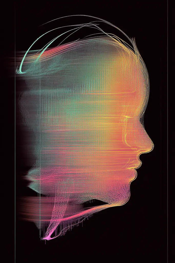 Midjourney generated image using SREF code Chromatic Lineage: A digital illustration of a woman's face on a black background.