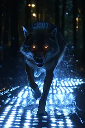 Midjourney generated image using SREF code Celestial Reverberation: A wolf walking through a dark forest at night.