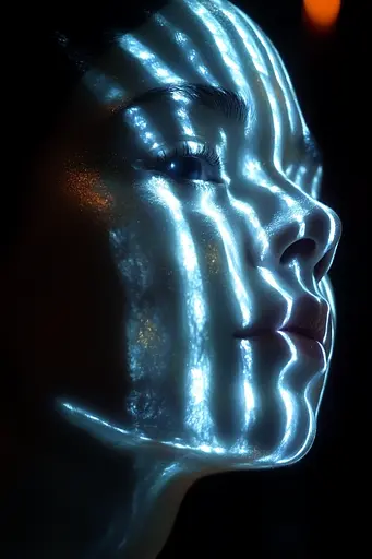 Midjourney generated image using SREF code Celestial Reverberation: A woman's face is lit up with blue lights.