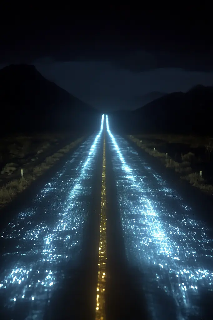 Midjourney generated image using SREF code Celestial Reverberation: A long exposure shot of a road at night.