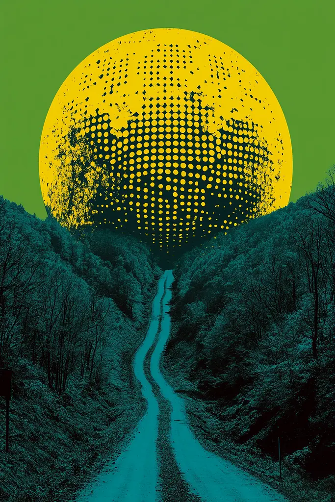 Midjourney generated image using SREF code Electric Fever Dreams: A road in the middle of a forest with a full moon in the background.