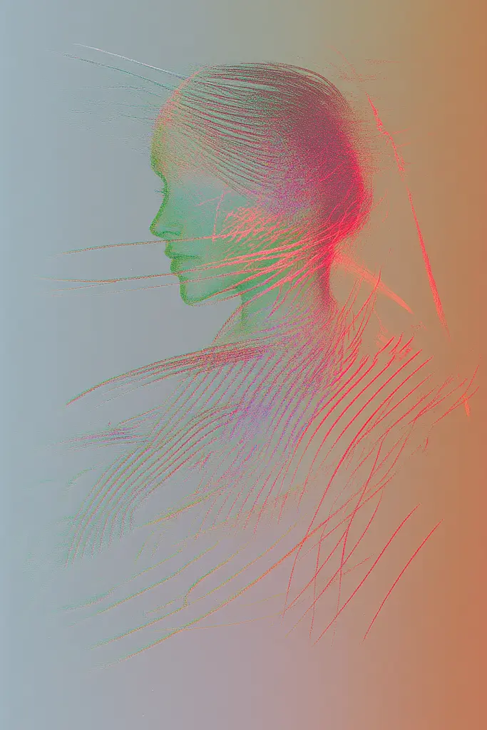 Midjourney generated image using SREF code Chromatic Lineage: A drawing of a woman's face with lines coming out of her head.