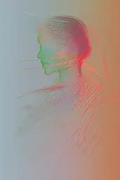 Midjourney generated image using SREF code Chromatic Lineage: A drawing of a woman's face with lines coming out of her head.