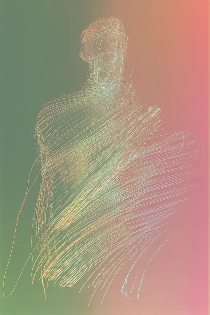 Midjourney generated image using SREF code Chromatic Lineage: A drawing of a person with long hair on a colorful background.