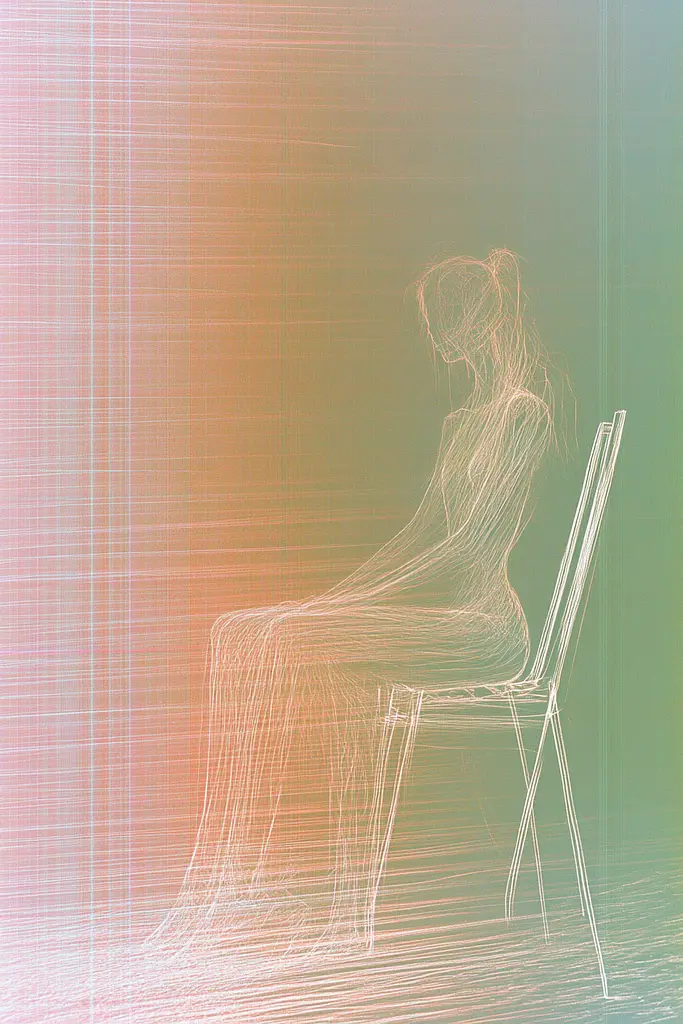 Midjourney generated image using SREF code Chromatic Lineage: A drawing of a woman sitting on a chair.