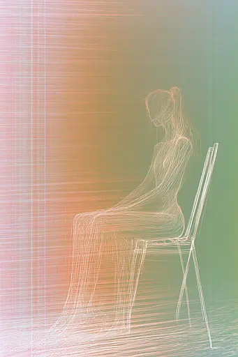 Midjourney generated image using SREF code Chromatic Lineage: A drawing of a woman sitting on a chair.