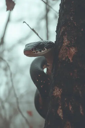 Midjourney generated image using SREF code Ektachromaticum: A black snake is curled up on a tree.